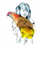 Illustration eines Kinds mit Henne